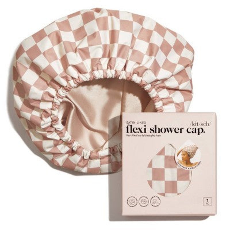 Kitsch Satin Lined Flexi Shower Cap Terracotta Checker – Imperfect Box