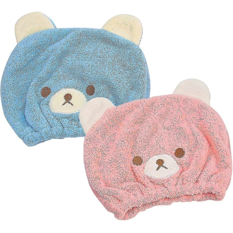 2 Pcs Cap Head Towel For Children Girls – Soft Absorbent Quick Drying Bath Wrap Set – Bear Cap For Bathing, Spa, Swimming Pool Fast Dry Hat For Curly