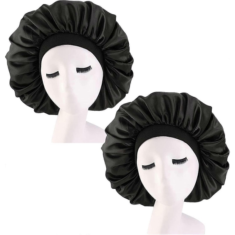 2 Pieces Satin Sleeping Cap, Night Cap With Wide Band Elastic, Large Silk Hair Bonnet, Silk Sleeping Cap For Girls Ladies Women Long Curly Hair (Black