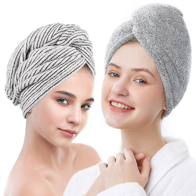 Bamboo Hair Towel Wrap 2 Pack, Microfiber Hair Drying Shower Turban With Buttons,super Absorbent Quick Dry Hair Towels For Curly Long Thick Hair, Rapi