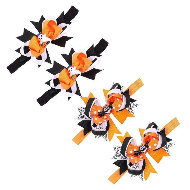 4Pcs Halloween Bow Headbands for Baby Toddler Hair Accessories in Assorted Color with Elastic Material