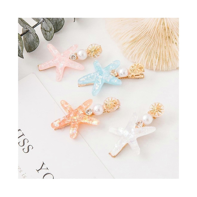 Starfish shell hair clip-pink+blue+transparent+orange-4pcs