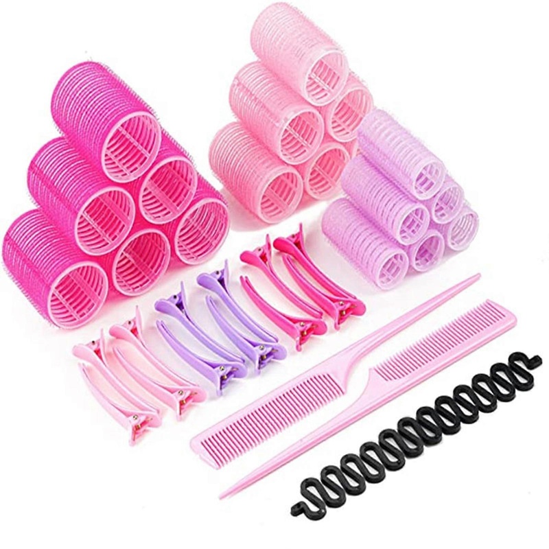 1 Set Heatless Hair Roller with Clips Combs Drag Prevent Natural Effect Self-adhesive Bouncy DIY Hair Styles Self-holding Hair Roller Set Salon Tool