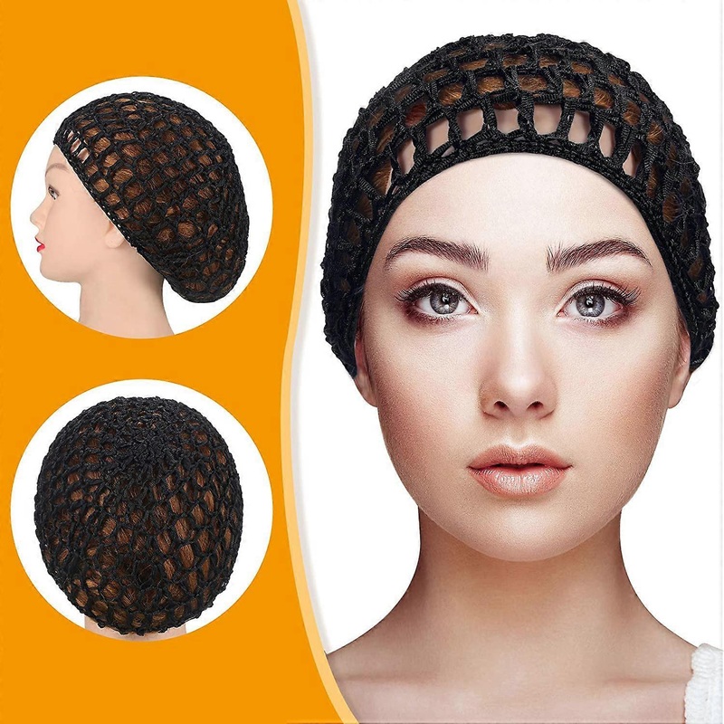 3 Pieces Mesh Hair Net Rayon Crochet Hair Nets Knit Snood Hat Crocheted Sleep Cap (Black)