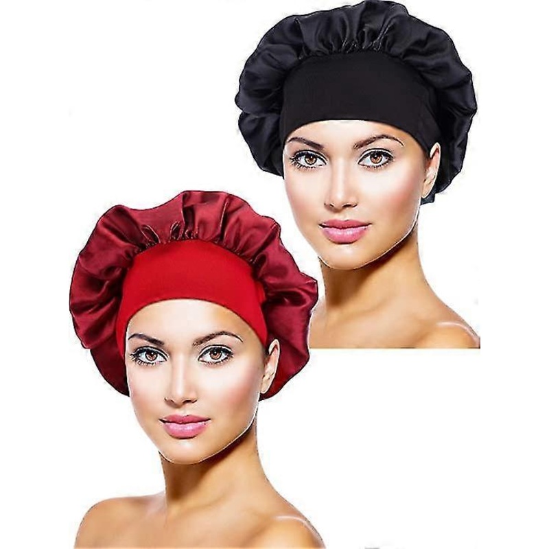 2 Pieces Satin Bonnet Night Sleep Hat Black Wine Red