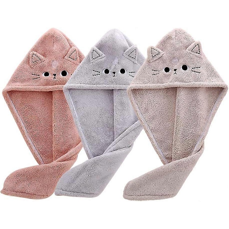 Microfiber Children’s Hair Towel, 3-Pack Drying Towel Quick Drying Hair Turban Fun Twist Hair Towel for Women Girls Children Curly Long Hair (Cat)