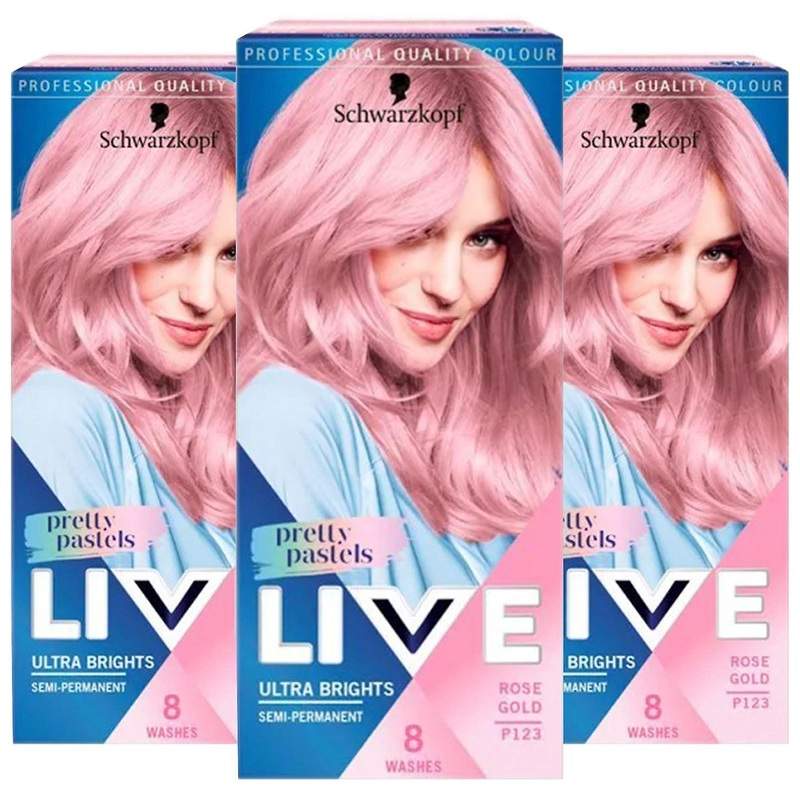 3x Schwarzkopf Live Ultra Brights Semi-Permanent Colour Hair Dye, P123 Rose Gold