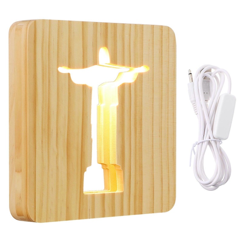Jesus Cross 3D Night Light Wood Frame USB Powered Table Lamp Bedroom Decor