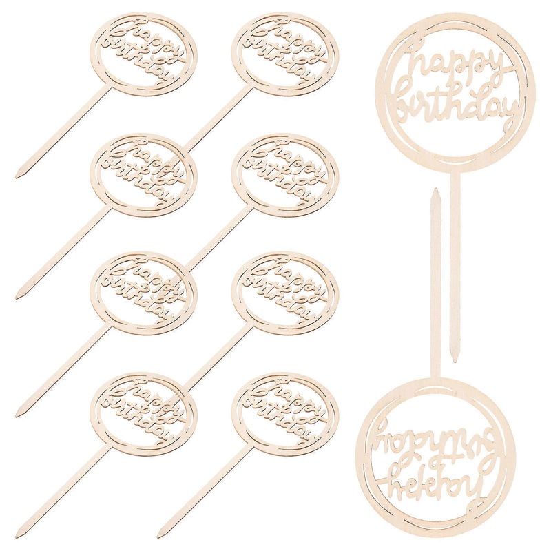 10Pcs Birthday Cupcake Toppers Made of Wood Ideal for Pet Birthday Parties and Weddings with Elegant Designs in Assorted Color