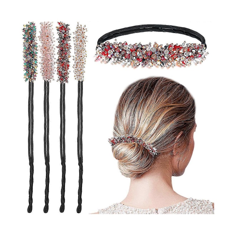 4 Pieces Rhinestone Hair Bun Maker Magic Hair Styling Deft Bun Elegant Easy Bun Maker(Dark Color)