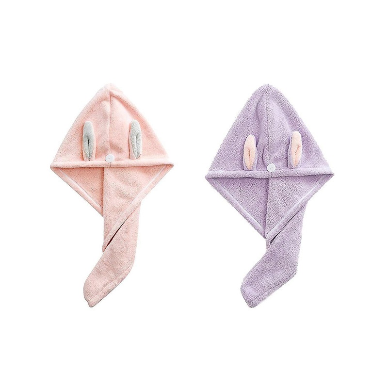Hair Towel Wrap,(Pink+Purple) Rabbit Ears Turban 2 Pack,Microfibre Hair Towel, Super Absorbent,Hair Drying Towel with Button, Dry Hair Hat, Wrapped Ba