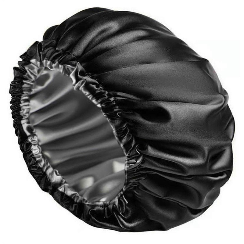 Shower Hair Cap Double Layer Waterproof, Adjustable Night Cap, Enlarged Hair Care Cap, Black
