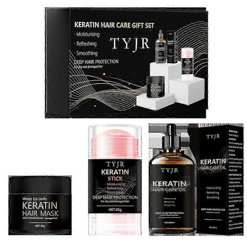 Keratin Hair Care Set with Mask, Stick, Oil, and Conditioner for Repairing Dry, Split End, and Damaged Hair