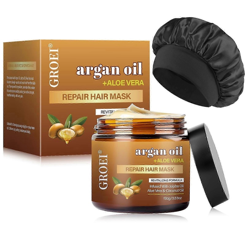 2025 Argan Oil Hair Mask + Silk Bonnet Set, Repair Hair Mask with Jojoba Oil, Aloe Vera & Coconut Oil for Dry Damaged Hair Deep Treatments for All Hai