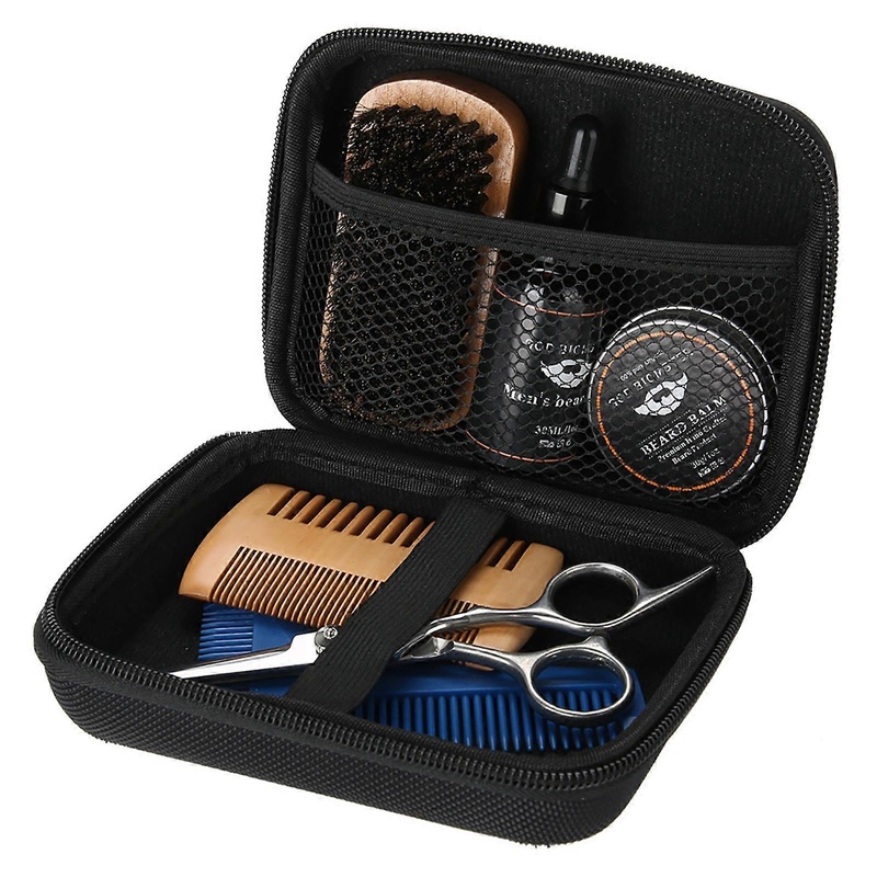 7PCS/Set Portable Men Beard Styling Shaping Cream Oil Brush Comb Scissor Mustache Hair Care