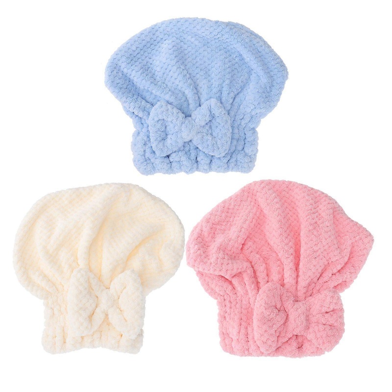 3Pcs Absorbent Hair Dry Wrap Hair Drying Towel Coral Fleece Bowknot Design Hat