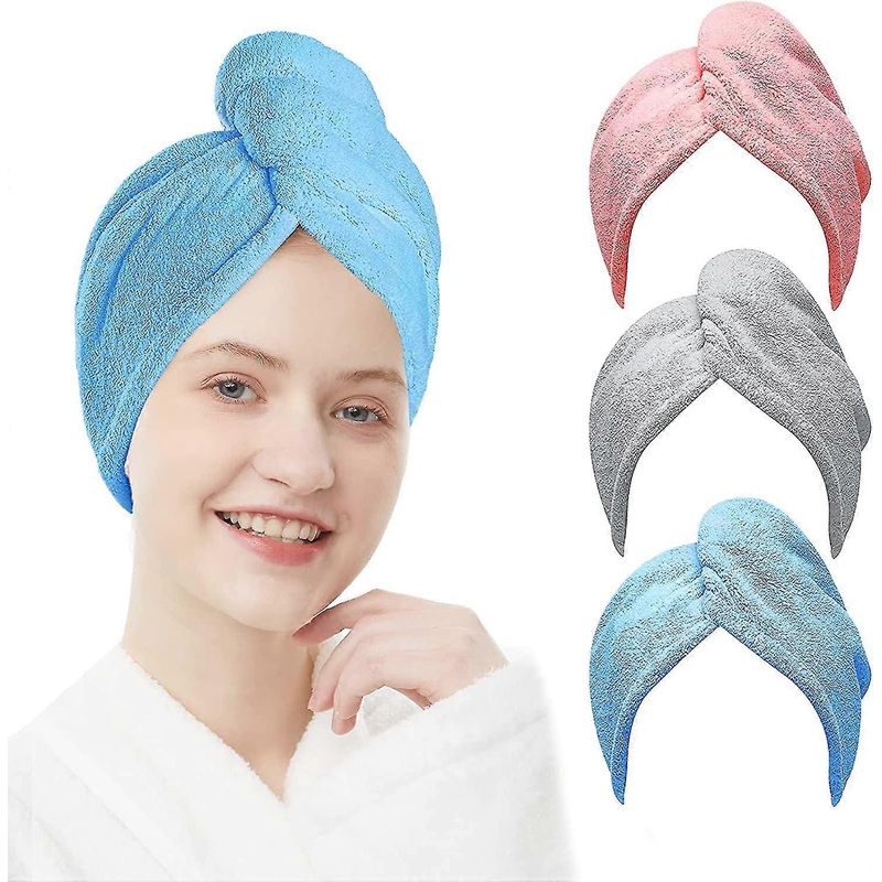 Wabjtam Microfiber Hair Towel Wrap For Women 3 Pack,hair Drying Turban With Button,anti Frizz,super Absorbent Quick Dry Hair Towels For Long Thick Sho