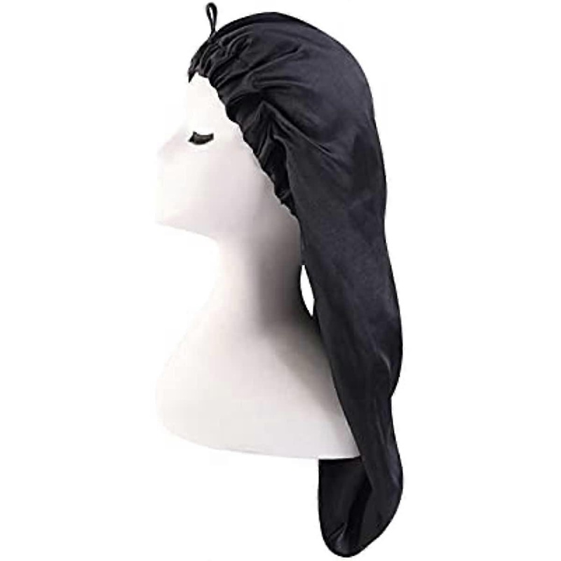 1 x Long Satin Hair Cap Breathable Sleep Cap Bonnet Silk Afro Silk Sleeping Cap Satin Hood Adjustable Sleeping Cap Night Hat Hair Care Hat Black