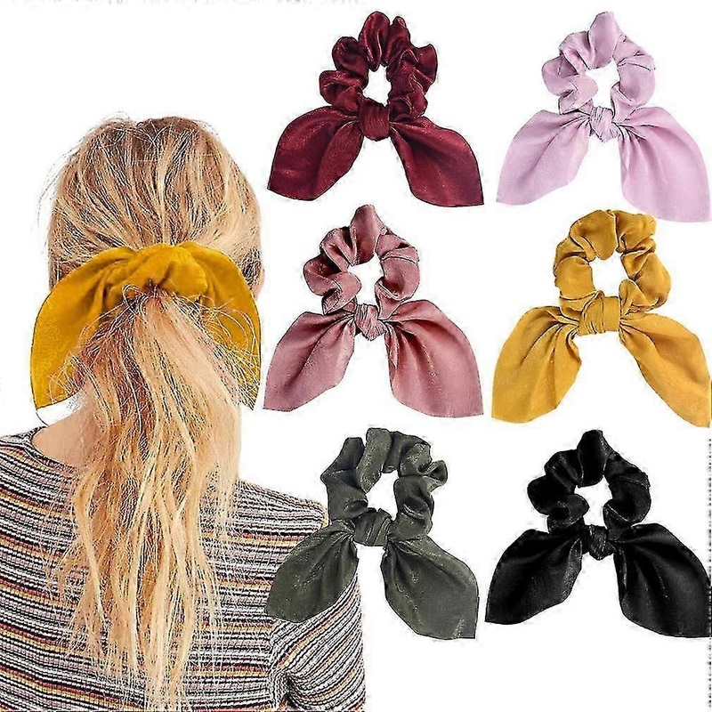 2025 Silky Satin Hair Bow Clips, Big Size, 6PCS Elastic Bunny Ear Bow Design Non-Damaging to Hair, Removable Knot Bowknot Scrunchie for Women and Girl