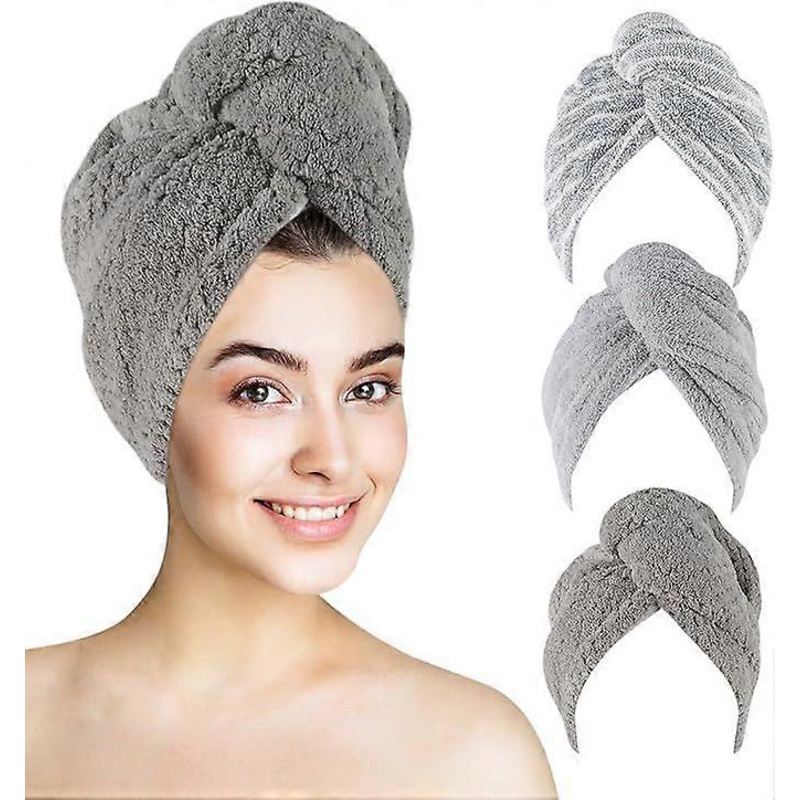 3 Pack Microfiber Towel Pack Super Absorbent Hair Towel with Button Soft Anti-Frizz Hair Cap for Women Thick, Long, Wet Hair 65 x 25cm Waffle Stripe