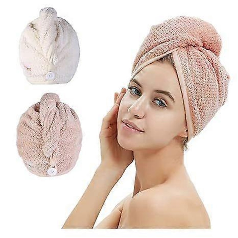 Pack Microfiber Hair Towel, Hair Drying Towel with Button, Towel Turban, Head Towel for Drying Hair Quickly (Pink and Beige)