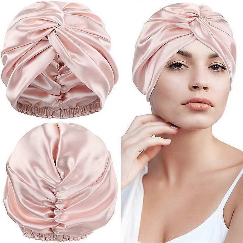 Silk Sleep Cap for Sleeping, Mulberry Silk Double Sided Sleep Cap for Curly Hair Women Silk Sleep Cap with Elastic Knot to Stay on Head (Pink)