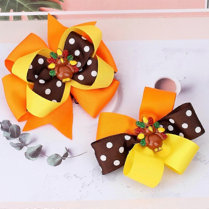 Thanksgiving Day Hair Accessories, Shiny Grosgrain Ribbon Turkey Bows, Festive Design with Glitter Theme Color and Cute Cartoon Turkey, 2 Pieces