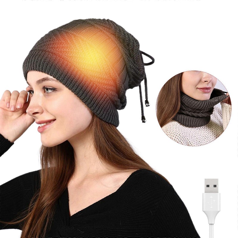 USB Heated Hat & Scarf Set, Winter Warm Knit Beanie, Unisex Electric Heating Headwear for Outdoor Cold Protection