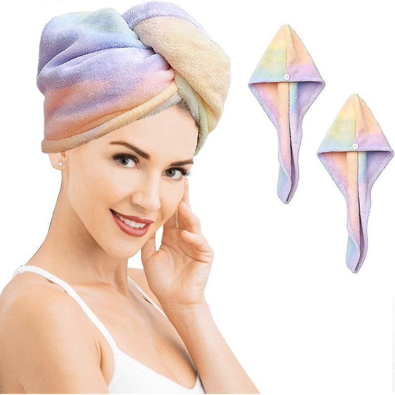 2 Pack Microfiber Hair Towel Wrap Rainbow Quick Dry Super Absorbent Twist Turban Drying Hair Caps