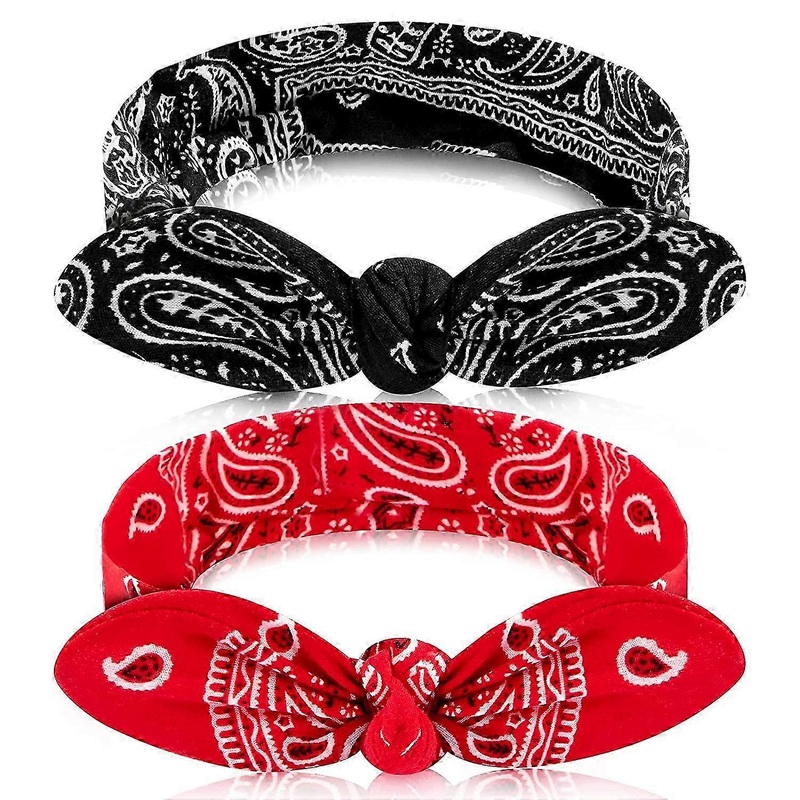 2025 Fashionable Vintage Rabbit Ears Design, Elastic Paisley Bandana Hair Accessories for Women and Girls, 2 Pieces Red and Black, Perfect for Sports