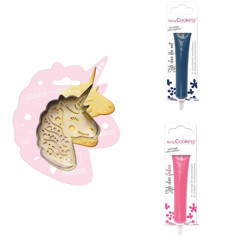 Unicorn Relief Cookie Kit + 2 Midnight Blue and Fuchsia Chocolate Pens